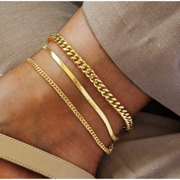 GOLD 14k Gold Plated 3pc Chain Anklet Set - Picture 1 of 2